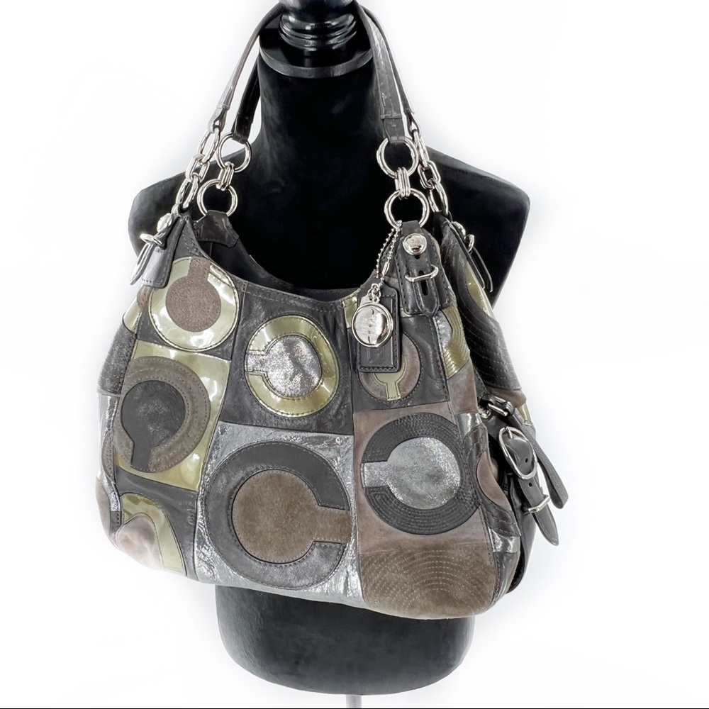 Coach Mia Inlaid C Maggie Leather & Suede Hobo Shoulder Bag, Gray/Silver/Lilac